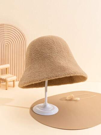 1 pieza Sombrero de cubo de felpa cálido de estilo asimétrico de moda japonesa de unicolor para mujer, adecuado para uso diario