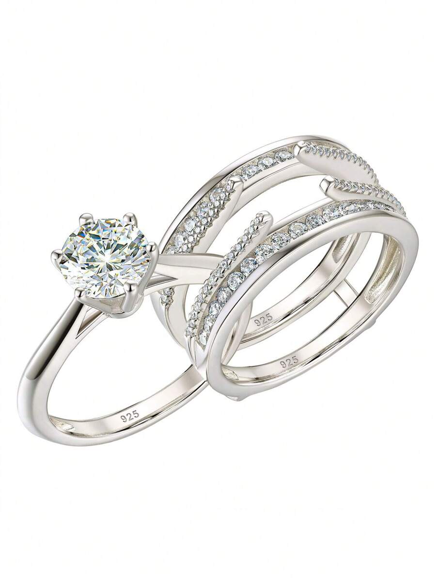 AIHUASI Bộ 2 chiếc/Bộ nhẫn cưới bạc Sterling 925 sang trọng được chứng nhận dành cho phụ nữ 7*7mm 1,25Ct cắt tròn đính đá Cubic Zirconia AAAAA lấp lánh Nhẫn đính hôn trang sức Quà tặng Valentine