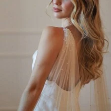 1 件新娘珍珠披肩面纱和拖尾斗篷婚礼配饰女士秋季服装 - 米色 - 查看 6