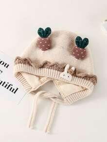 1 件冬季針織女童嬰兒帽保暖護耳卡通水果嬰兒帽 - 米色 - 查看 2