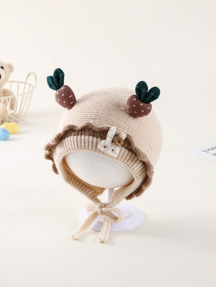 1 件冬季針織女童嬰兒帽保暖護耳卡通水果嬰兒帽 - 米色 - 查看 1