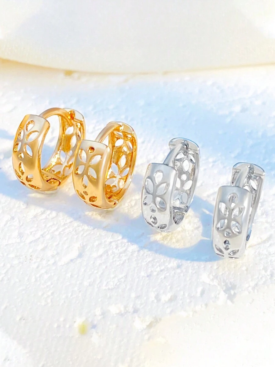 1對時尚幾何圖案空心耳釘,簡約百搭耳環 - 鏤空 - 查看 1