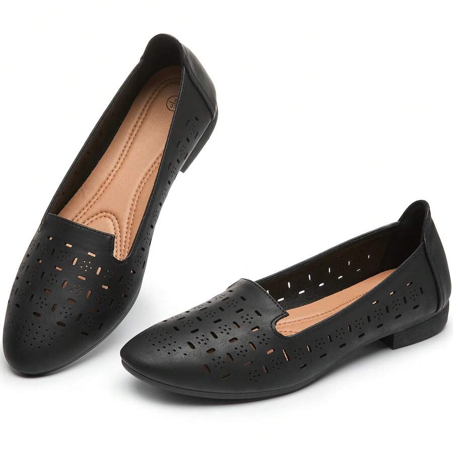 Rominz Women's Flats Shoes Comfortable Black PU Leather Ballet Flats For Women Casual Round Toe Dress Shoes Slip On Shoes Lightweight Foldable - màu đen - Xem 1