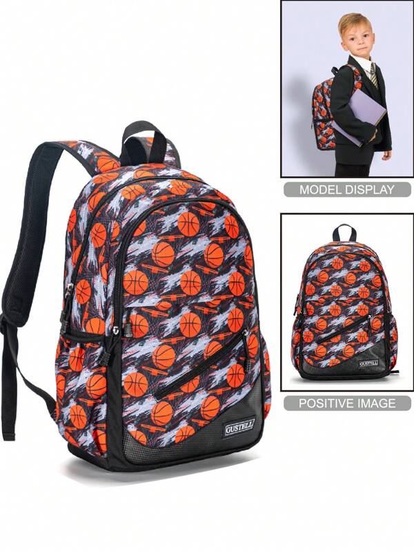1 Peça Mochila De Poliéster Para Estudantes Meninos E Meninas Com Vários Designs Impressos E Alças De Malha Respirável, Multifuncional Com Fechamento De Zíper, Fashion E Casual Para Viagem / Escola / Viagem De Negócios
