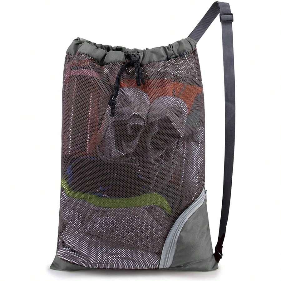 Grey Swimmer's Drawstring Mesh Bag / Swimming Gear Backpack, Large Beach Bag / Pool Bag W 17.7'' X L 25.5'', Lightweight & Foldable - Grey - View 1