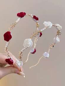 Boho風格2入組合金薄髮箍，裝飾玫瑰、珍珠和葉子形狀的飾品，甜美髮飾頭飾