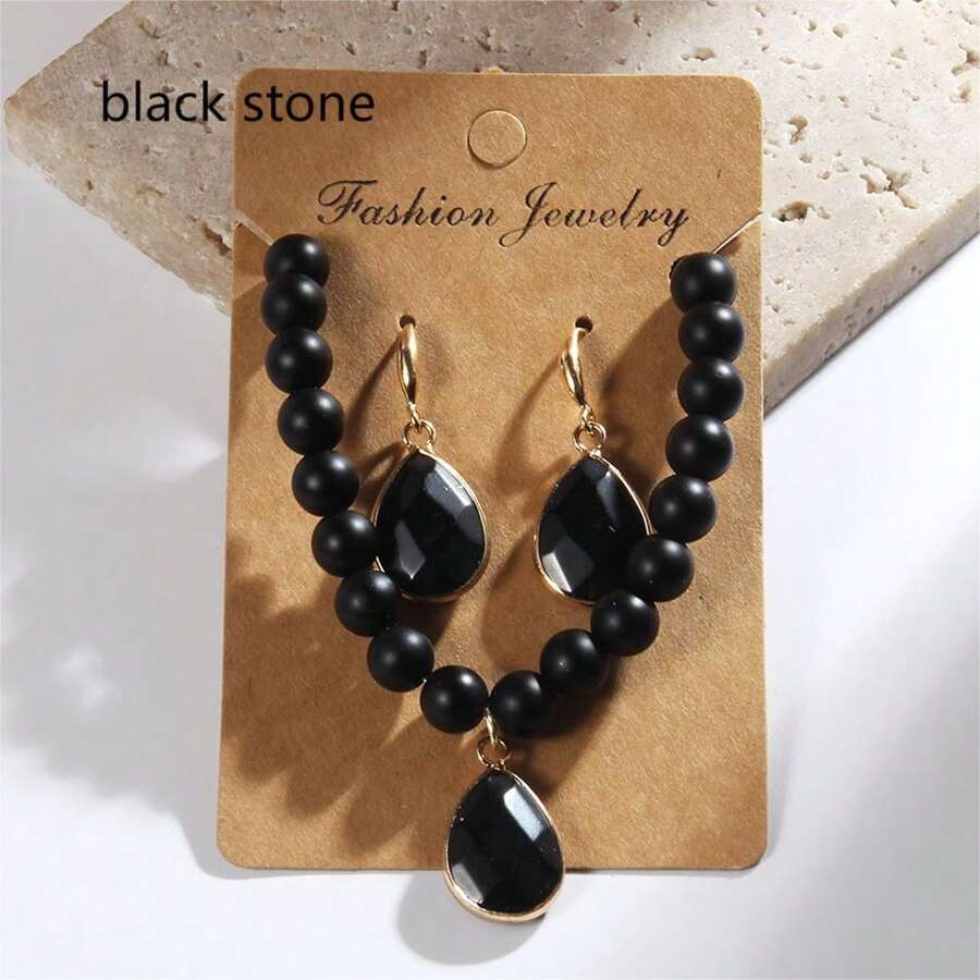 1入流行簡約女性珠寶套裝,包括8毫米天然石珠彈性手鍊,吊墜項鍊和垂墜耳環。適合給女士送給紀念日禮物或日常配搭 - black stone - 查看 1