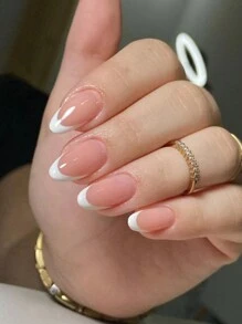 迷人24片中長杏仁甲,簡約白色法式冰粉全覆蓋指甲套裝,適合派對、舞會和日常穿著 - 彩色 - 查看 1