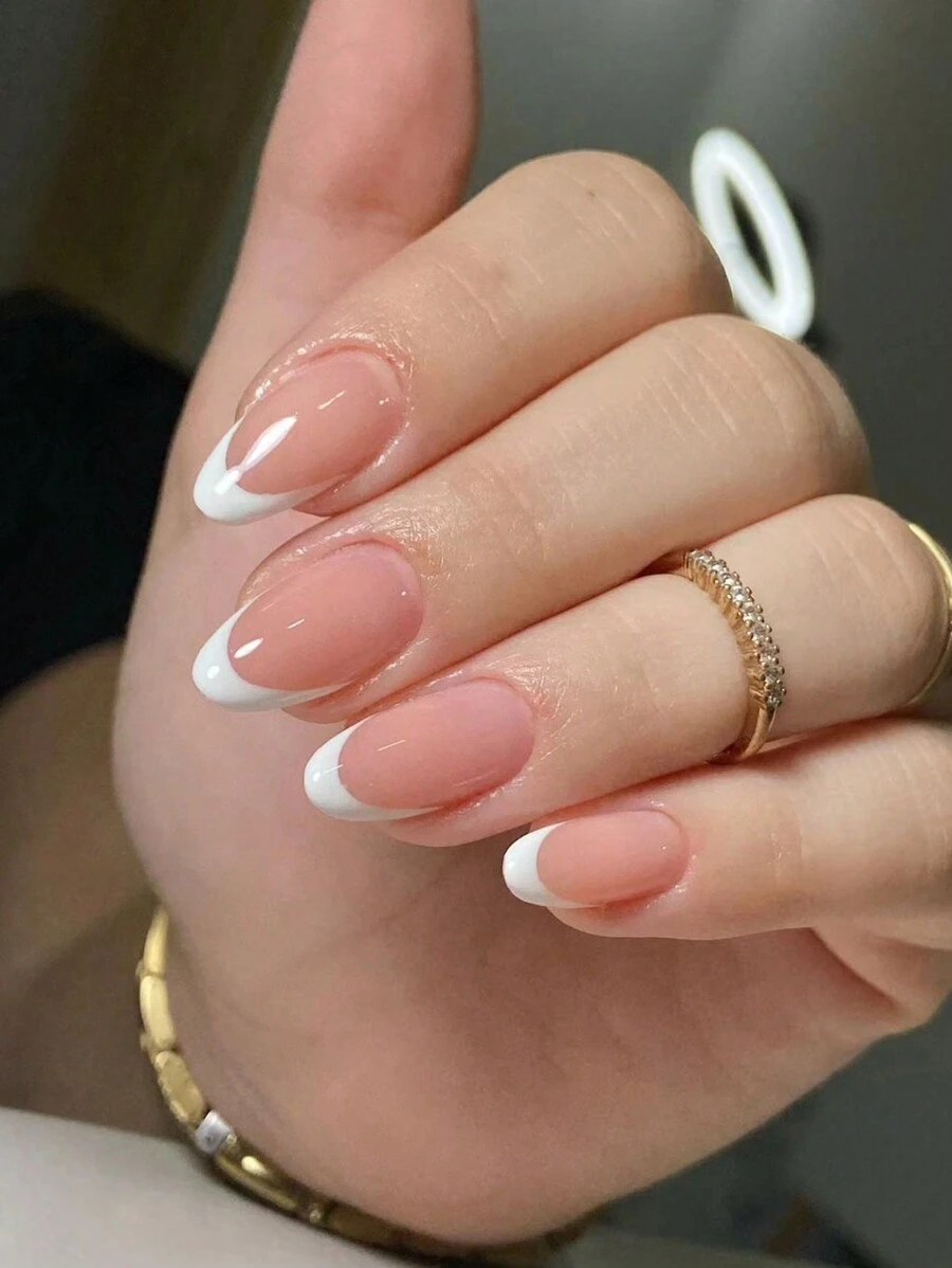 迷人24片中長杏仁甲,簡約白色法式冰粉全覆蓋指甲套裝,適合派對、舞會和日常穿著 - 彩色 - 查看 1