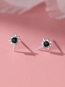 1pair Fashionable Star-Shaped Earrings Made Of 999 Silver With White And Black Cubic Zirconia And Eight-Pointed Stars Deco. Suitable As Gift Or Daily Wear For Women. - Silver - View 3