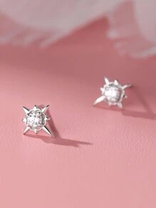 1pair Fashionable Star-Shaped Earrings Made Of 999 Silver With White And Black Cubic Zirconia And Eight-Pointed Stars Deco. Suitable As Gift Or Daily Wear For Women. - Silver - View 5