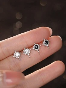 1pair Fashionable Star-Shaped Earrings Made Of 999 Silver With White And Black Cubic Zirconia And Eight-Pointed Stars Deco. Suitable As Gift Or Daily Wear For Women. - Silver - View 1