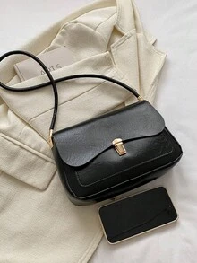 1pc Black Shoulder Crossbody Bag With Metal Lock Decoration, Retro Design And Simple Style, Suitable For Women'S Daily Use, Dating, Valentine'S Day Gift - Black - View 3