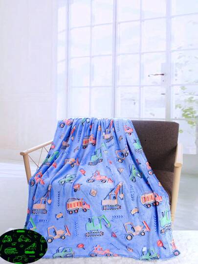 Glow In The Dark Blanket Car Digger, Blue Soft Fleece Throw Blanket For Kids Couch Decor, Teen Boys Bedding, Fun Birthday Christmas Gift All Seasons