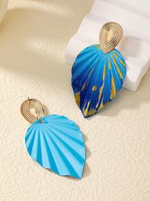 1pair Fashionable Gradient Color Leaf Shape Pleated Earrings, Suitable For Women's Daily Wear - Blue - View 4