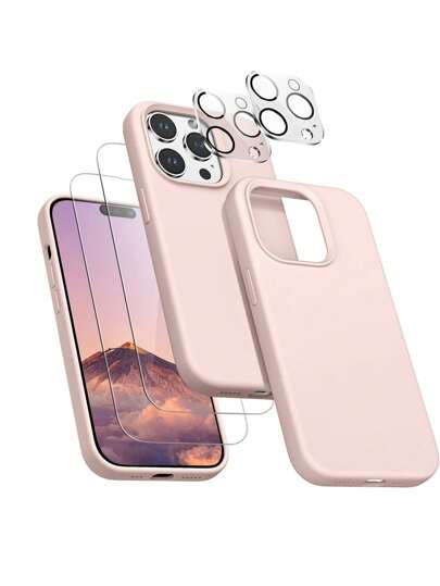 Custodia liquida in silicone rosa pastello per telefono con 2 pellicole protettive per schermo e 2 pellicole protettive per fotocamera, compatibile con Apple iPhone