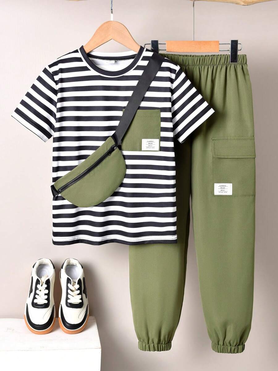 Vihyde 3Pcs Boys Striped Crew Neck Short Sleeve T-Shirt, Military Green Joggers Pants & Diagonal Zipper Messenger Bag Set