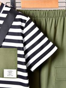 Vihyde 3Pcs Boys Striped Crew Neck Short Sleeve T-Shirt, Military Green Joggers Pants & Diagonal Zipper Messenger Bag Set