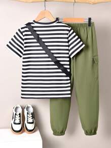 Vihyde 3Pcs Boys Striped Crew Neck Short Sleeve T-Shirt, Military Green Joggers Pants & Diagonal Zipper Messenger Bag Set