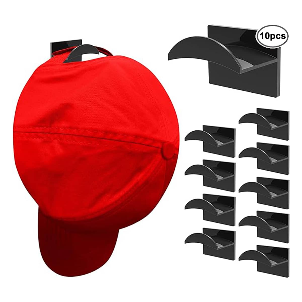 10入組強力黏貼式牆壁帽掛勾,極簡設計免鑽孔棒球帽掛勾,適用於牆壁、門、壁櫥、辦公室和臥室 - 黑色 - 查看 1