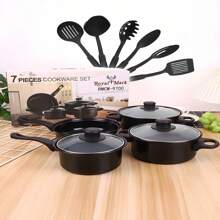 Juego de 13 ollas y sartenes de hierro fundido, Multifuncional ollas de cocina con Espátula, utensilios de cocina antiadherentes con utensilios para Navidad, cocina, inducción, camping, parrilla de huevos - Negro - Ver 11