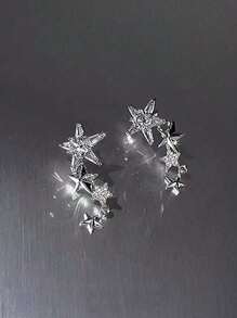 1對時尚冷色調五角星及鑽石裝飾垂墜耳環,女性必備 - 銀色 - 查看 3