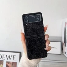 1pc Black Plastic Hard Case Surface Synthetic Leather & Plush Phone Case Compatible With Samsung Galaxy Z Flip5 4 3 5g - Black - View 16