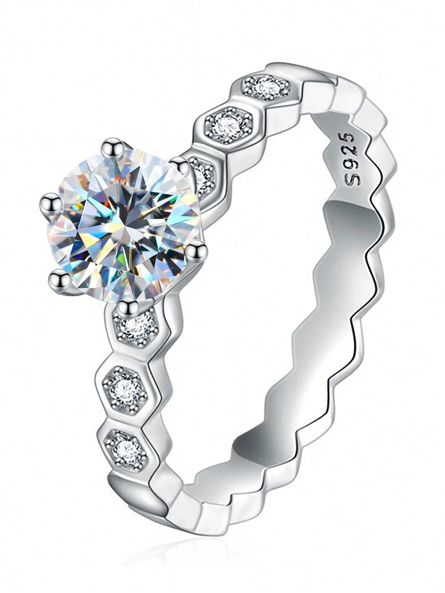 件莫桑石訂婚戒指女式結婚戒指 925 純銀閃亮承諾戒指永恆戒指週年紀念戒指情人節奢華女士珠寶禮物 - 銀色 - 查看 1