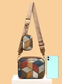 Geometric Pattern & Colorblock Design Decorated Crossbody Bag With Hardware Details And Small Purse, Suitable For Daily Use Of Women