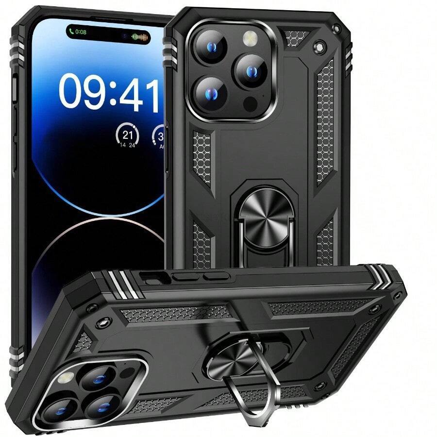 Compatível com Apple Homens Capa de Telefone à Prova de Choque Armadura Bumper Compatível com iPhone Compatível com Samsung Compatível com Xiaomi Compatível com Redmi Suporte para Dedo Anel Magnético de Metal Capa À Prova d'Água Anti-Queda Resistente a Arranhões, Versão Internacional, Não a Versão Doméstica - Preto - Visão 1
