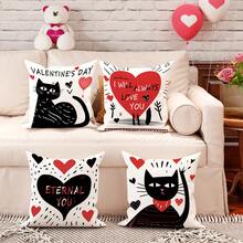 4Pcs Couple Cat Heart Flower Black And Red Valentine'S Day Throw Pillow Covers, Valentine'S Day Romantic And Cute Cartoon Pillow Covers, Velvet 45*45Cm/18"*18" Decorative Cushion Covers, Suitable For Home Decoration Party Gifts Living Room/Bedroom/Sofa/Bed Decoration - Black Red - View 2