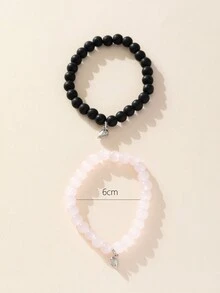 8mm 2pcs/Set White Pine & Volcanic Stone Lovers' Bracelets, New Design Including Men's & Women's Heart Pendant Bracelets - Baby Pink - View 3