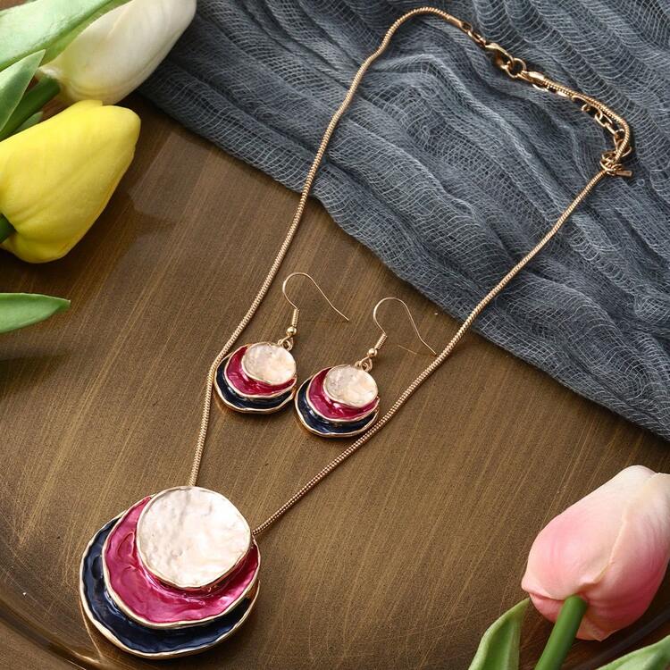 1 Set (2pcs Earrings & 1pc Necklace) Bohemian Style Three Layers Round Enamel Zinc Alloy Jewelry Set, Perfect Match For Daily Outfits Of Lovely And Elegant Women And Girlfiends - Geometry - View 14