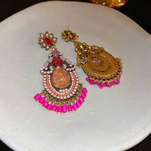 1pair French Style Vintage Dangle Earrings With 925 Silver Pin, Waterdrop Shape Flower & Tassel Design Suitable For Ladies, Dailywear & Festive Gift - Red - View 9