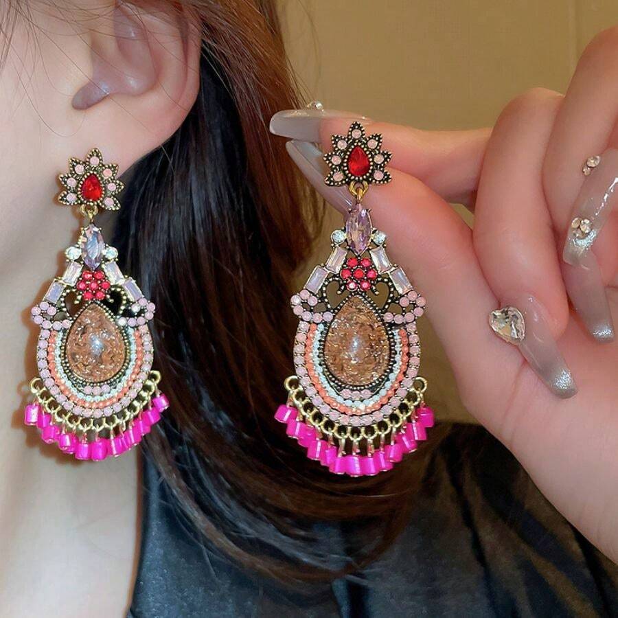 1pair French Style Vintage Dangle Earrings With 925 Silver Pin, Waterdrop Shape Flower & Tassel Design Suitable For Ladies, Dailywear & Festive Gift - Red - View 1