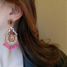 1pair French Style Vintage Dangle Earrings With 925 Silver Pin, Waterdrop Shape Flower & Tassel Design Suitable For Ladies, Dailywear & Festive Gift - Red - View 3