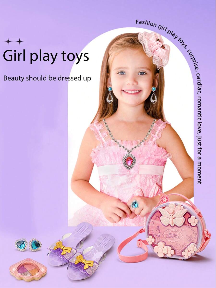 兒童扮演玩具(6件肩背袋配件套裝)女孩扮演高跟鞋、珠寶、項鍊、耳環、手提袋服裝套裝。是節日、生日、聖誕、新年給女孩的完美禮物。 - 粉 - 查看 1