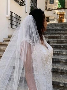 1 Pc Women 1 Tier Length Glitter Tulle Long Wedding Bridal Veil With Metal Comb For Wedding Party Champagne - Champagne - View 4