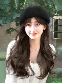 【月夜童話】空氣瀏海大波浪假髮女性貝雷帽假髮一體式 - 黑色 - 查看 2