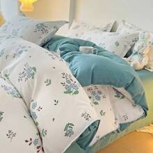 4pcs/Set Light Blue Floral Bedding Set (1pc Duvet Cover + 1pc Bed Sheet + 2pcs Pillow Shams), Excludes Filler