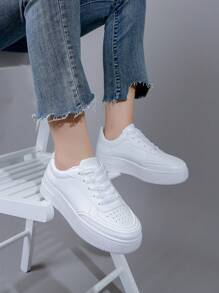 春秋時尚休閒厚底運動鞋,白色滑板鞋,適合青少年 - 白色 - 查看 10