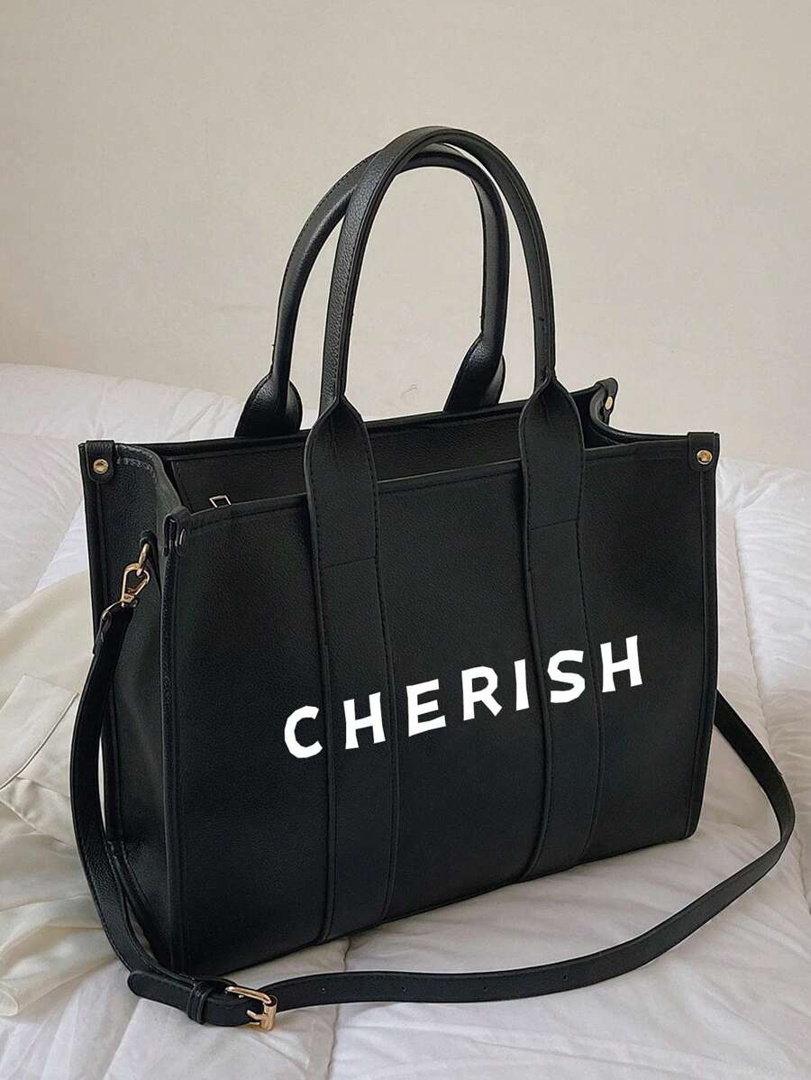 時尚個性字母手提包大容量女式pu托特包百搭通勤郊遊斜挎包 - 黑色 - 查看 1