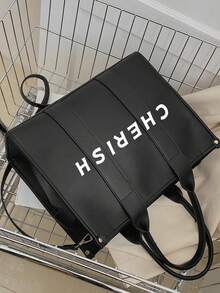 時尚個性字母手提包大容量女式pu托特包百搭通勤郊遊斜挎包 - 黑色 - 查看 5