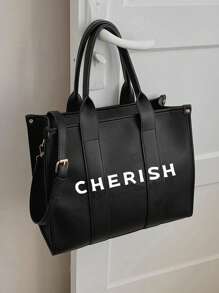 時尚個性字母手提包大容量女式pu托特包百搭通勤郊遊斜挎包 - 黑色 - 查看 3
