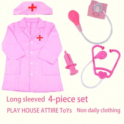 4pcs Doctor Role Play Costume Set In Pink(Long Sleeve Nurse Uniform+Stethoscope+Injection Syringe+Blood Pressure Monitor), Toys For Little Girls Age 3-6