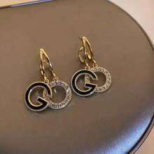 1pair Fashionable Oil Drip & Rhinestone Inlaid Letter Stud Earrings With High-Grade Atmosphere And Unique Design, Suitable For Women's Daily Wear - Black - View 1