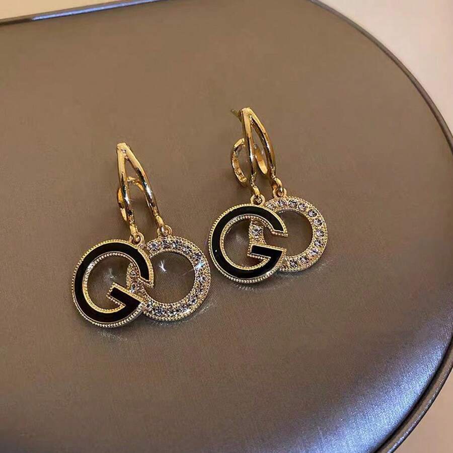 1pair Fashionable Oil Drip & Rhinestone Inlaid Letter Stud Earrings With High-Grade Atmosphere And Unique Design, Suitable For Women's Daily Wear - Black - View 1