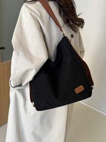女款簡約帆布手提包,大容量售彩包,多口袋百搭包 - 黑色 - 查看 2