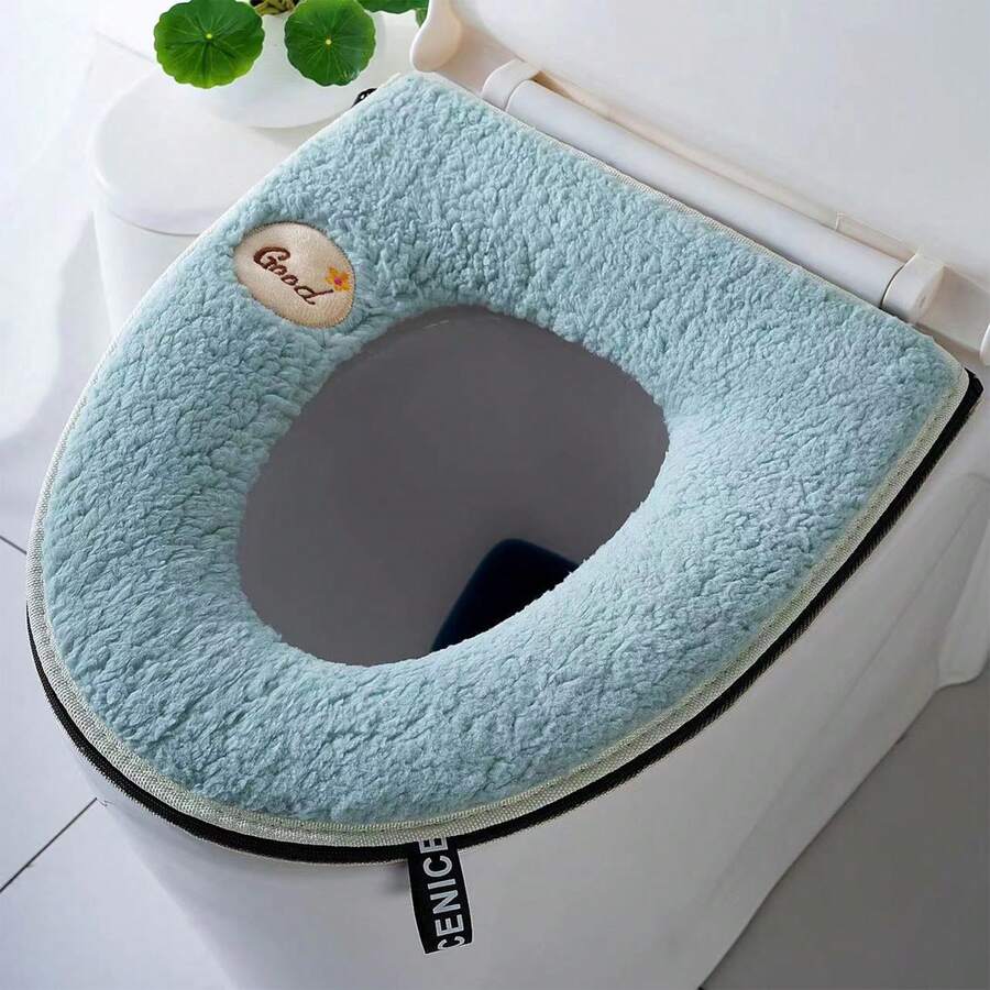 1pc Soft Bathroom Toilet Mat With Zipper & Waterproof Coating, Washable And Cute Thickened Toilet Seat Cover - Baby Blue - View 1