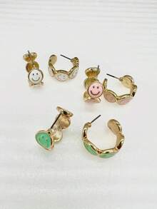 3對/組時尚極簡主義鋅合金材質多色微笑臉c型耳環 - 彩色 - 查看 3